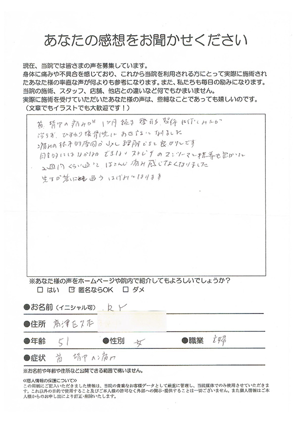 首、背中の痛みが１ヶ月続き,整形、整体に行ってみたが治らず