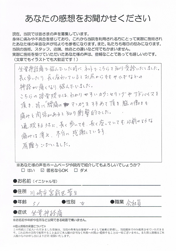 長く歩いたり、座っていると、お尻～もも～ひざまで痛くて悩んでいました。